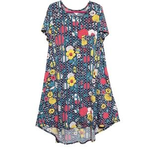 LuLaRoe Swing Dress Women’s XL Floral Striped Yellow Pink Blooms Chest Pocket